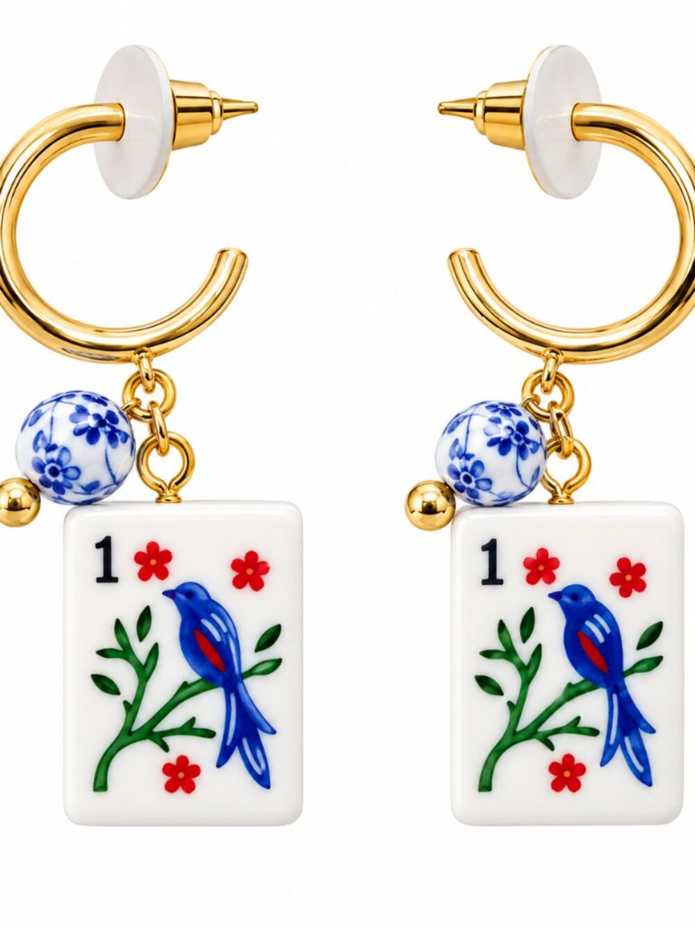 Mahjong Bird Tile Earrings, Blue and White Mahjong Earrings, Gold Hoop Game Nigh